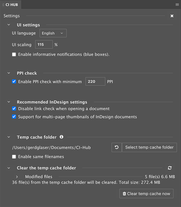 CI HUB Settings UI